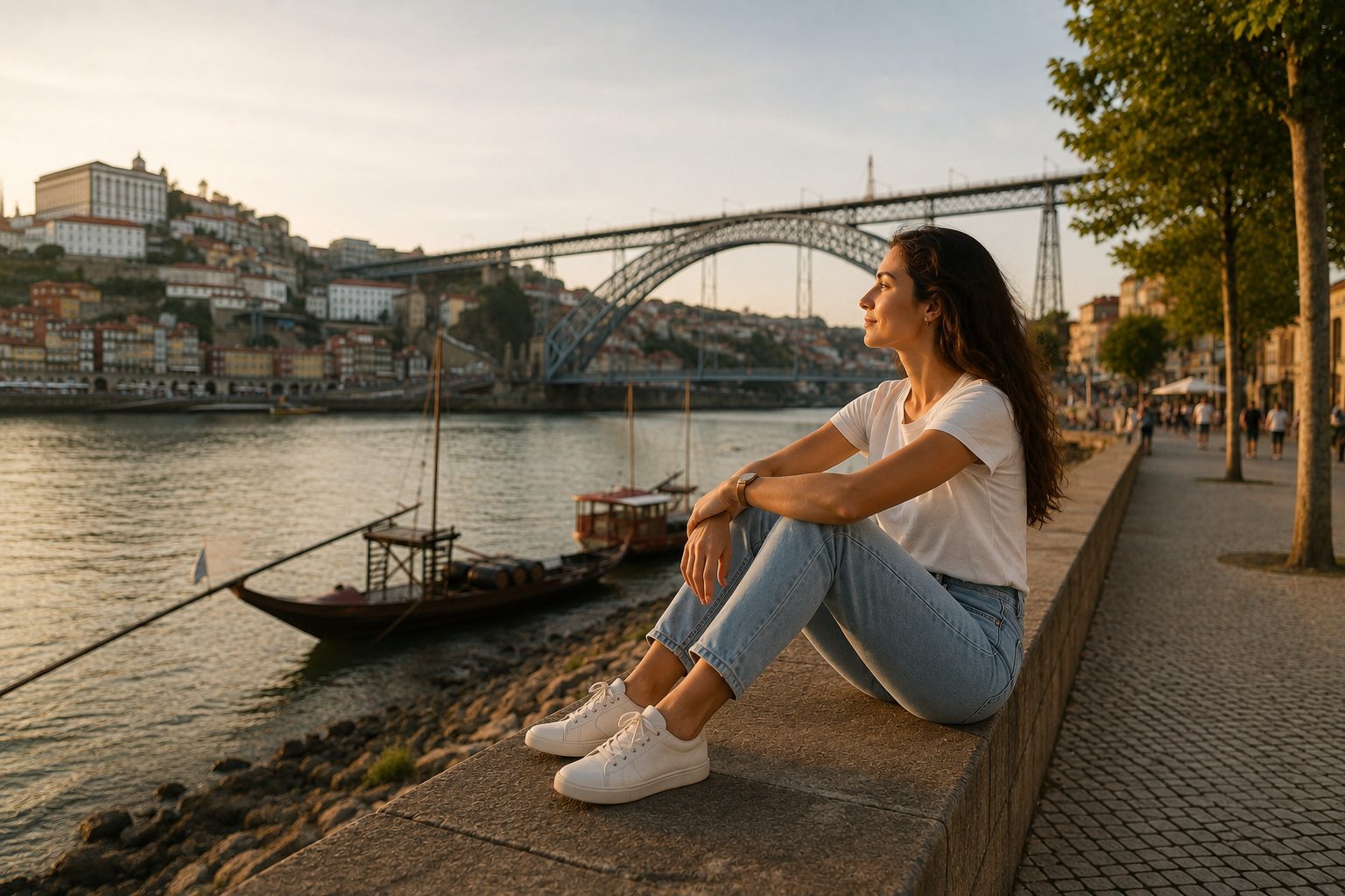 Mulher sentada junto ao rio Douro, no Porto, ao pôr do sol